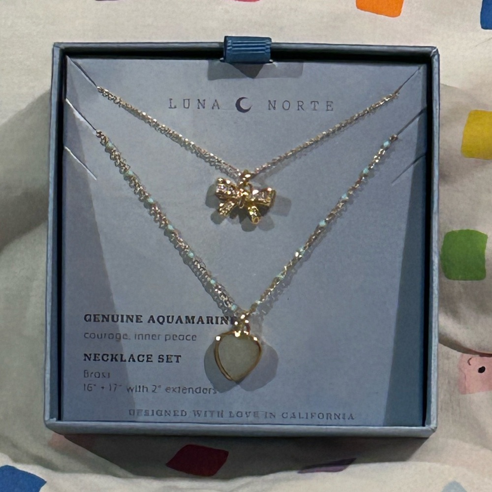 LUNA NORTE Bow And Heart Charm Necklace Set With Genuine Aquamarine NWTS - Picture 7 of 12
